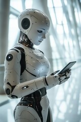 Poster - Humanoid robot interacting with smartphone in modern architectural space, showcasing advanced technology and design