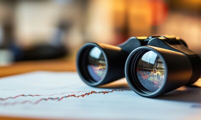 Poster - Binoculars focusing on financial market trends, stock charts, and data analysis, symbolizing investment opportunities and market observation