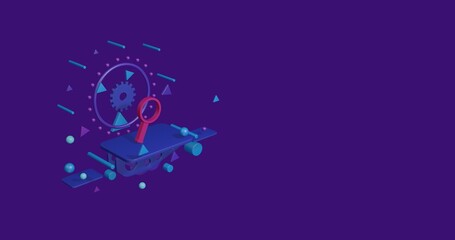Poster - Pink magnifier symbol on a pedestal of abstract geometric shapes floating in the air. Abstract concept art with flying shapes on the left. 3d illustration on deep purple background