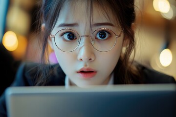 Poster - A woman wearing glasses examines her laptop screen