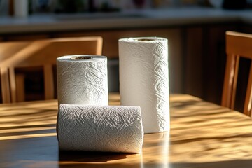 Fototapete - Two rolls of toilet paper sit on a table, awaiting use