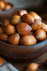 Wall Mural - A wooden bowl filled with nuts sitting on a table, great for still life photography or as a prop for food or lifestyle scenes