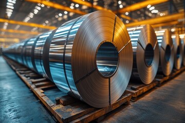 Poster - Warehouse storage of steel rolls on pallets, industrial setting