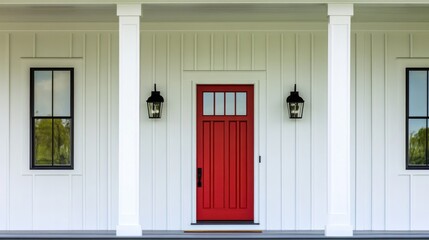 Sticker - A single red front door on a white house, with a possible welcome mat and possibly a wreath