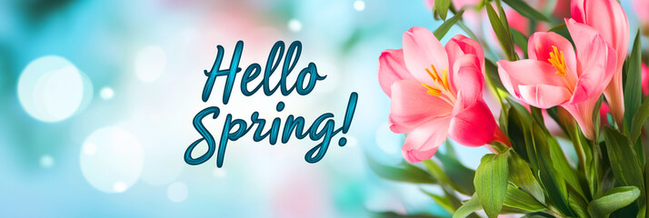 Wall Mural - Hello Spring banner background. Beautiful blooming spring pink flowers on a background of blue sky and text Hello Spring.