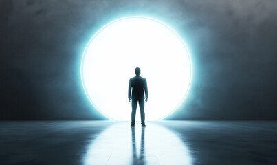 Poster - Silhouette of Man Standing Before Bright Circular Portal in Dark Room, Symbolizing Opportunity and New Beginnings