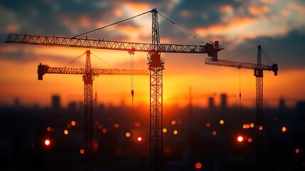 Aufkleber - A group of construction cranes stand out against the vibrant colors of a sunset