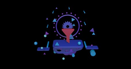 Poster - Red funnel symbol on a pedestal of abstract geometric shapes floating in the air. Abstract concept art with flying shapes in the center. 3d illustration on black background