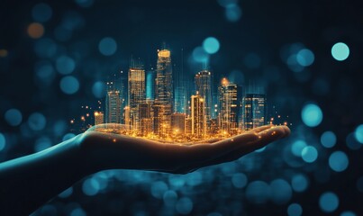 Poster - Futuristic cityscape held in hand, glowing skyscrapers, digital technology, urban development, innovation, blue bokeh background
