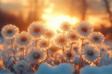 Wall Mural - Field of white flowers at sunset, suitable for travel or nature photography