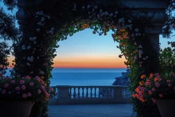 Poster - A scenic view of the ocean through a pergola archway, perfect for use in travel or nature-themed projects