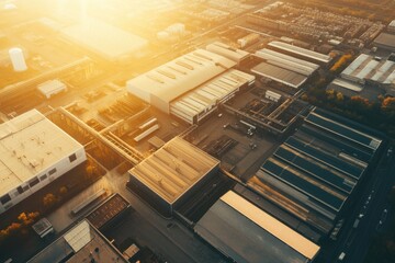 Wall Mural - Aerial view of city skyline at sunset with warm lights and shadows