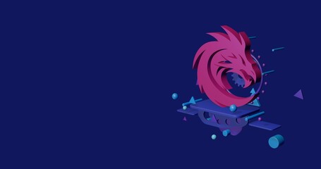 Poster - Pink dragon's head symbol on a pedestal of abstract geometric shapes floating in the air. Abstract concept art with flying shapes on the right. 3d illustration on indigo background