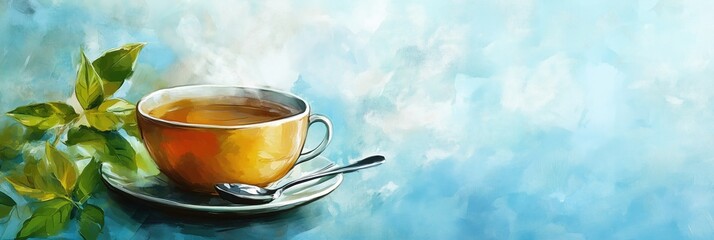 Wall Mural - Steaming cup of tea with green leaves on blue background, vibrant colors, artistic representation, soothing atmosphere