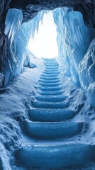 Poster - Ice cave with frozen staircase leading to bright light, glacial formations, snow-covered ground, ethereal blue hues