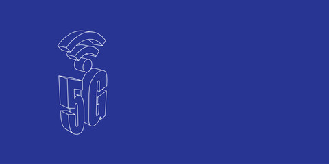 Poster - The outline of a large 5G symbol made of white lines on the left. 3D view of the object in perspective. Vector illustration on indigo background