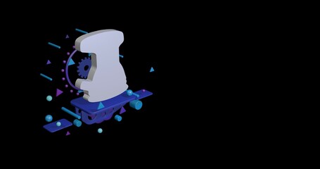 Poster - White sanding machine symbol on a pedestal of abstract geometric shapes floating in the air. Abstract concept art with flying shapes on the left. 3d illustration on black background