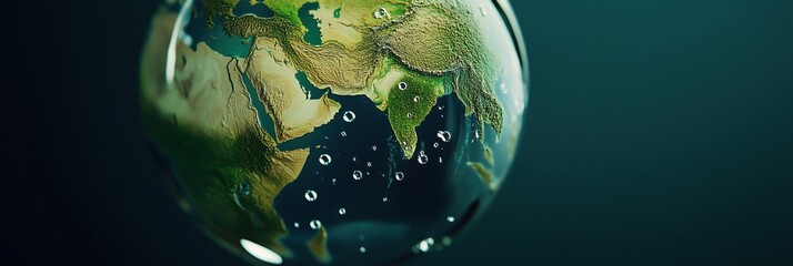 Poster - 3D globe representation showcasing Middle East and South Asia with water droplets, highlighting geographical features and textures