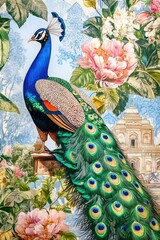 Poster - A vibrant peacock perched on top of a rustic wooden fence, showcasing its colorful feathers