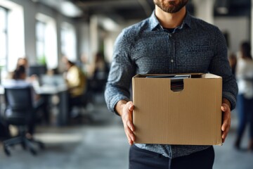 Poster - A man holds a cardboard box in a modern office setting