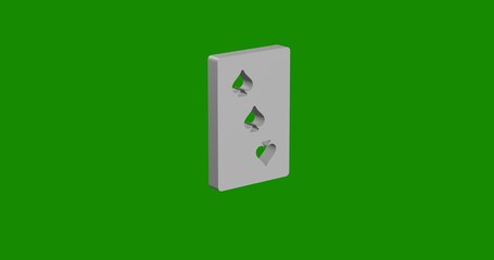 Poster - Isolated realistic white Three of Spades playing card front view with shadow. 3d illustration on green chroma key background