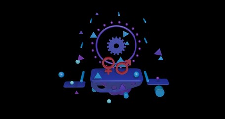 Poster - Red gender symbol on a pedestal of abstract geometric shapes floating in the air. Abstract concept art with flying shapes in the center. 3d illustration on black background