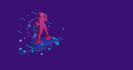 Poster - Pink boxer girl symbol on a pedestal of abstract geometric shapes floating in the air. Abstract concept art with flying shapes on the left. 3d illustration on deep purple background
