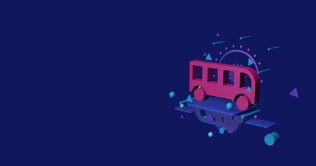 Poster - Pink bus symbol on a pedestal of abstract geometric shapes floating in the air. Abstract concept art with flying shapes on the right. 3d illustration on indigo background