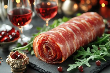 Poster - A delicious-looking piece of bacon wrapped in more bacon, placed on a clean cutting board