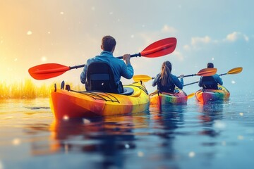 Poster - Two people paddle through peaceful lake or river waters