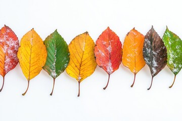 Poster - A row of colorful leaves arranged on a white background