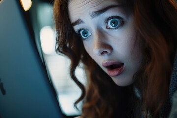 Aufkleber - A woman shows surprise and interest as she looks at a laptop