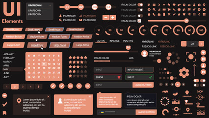 A modern UI kit featuring a collection of buttons, icons, navigation menus, and responsive design elements. Includes login forms, media players, search bars, and calendars, ideal for apps, websites