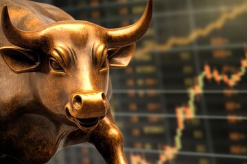 Poster - A bronze bull figurine standing in front of a colorful stock market graph, representing investment and finance