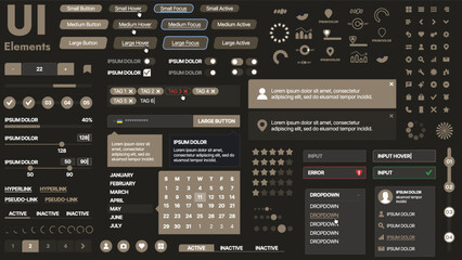 Fototapete - A modern UI kit featuring a collection of buttons, icons, navigation menus, and responsive design elements. Includes login forms, media players, search bars, and calendars, ideal for apps, websites