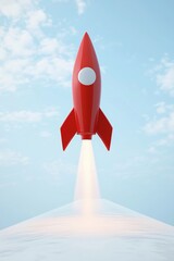 Poster - Rocket Launching into Clear Blue Sky, Red Rocket with Flames, Symbolizing Innovation and Exploration