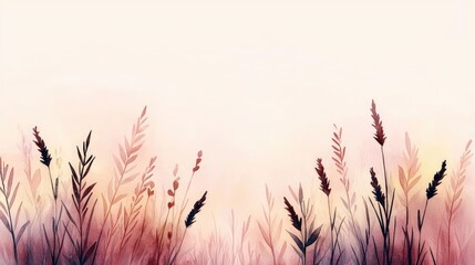 Poster - Misty watercolor concept. A serene landscape featuring delicate grass and flowers bathed in soft pastel colors.