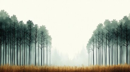 Wall Mural - Misty watercolor concept. Serene forest landscape with mist and tall trees amidst golden grass.