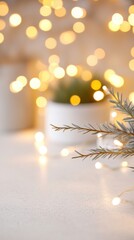 Poster - Bright bokeh lights sparkle in the background, enhancing the serene setting of a white table with a touch of greenery, perfect for any occasion