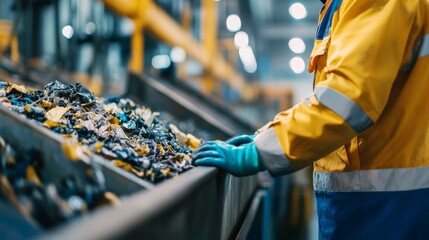 Poster - Worker inspecting recyclable materials on a conveyor belt in a processing facility, wearing protective gear and a bright yellow jacket.