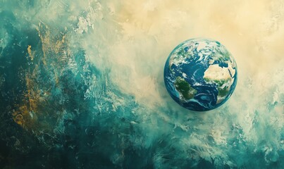 Poster - Earth globe floating in abstract colorful background, showcasing vibrant blues and greens, representing oceans and landmasses, with artistic textures