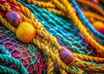 Macro Close-up of Fishing Net Knots, Intricate Texture, Detailed Fishing Gear