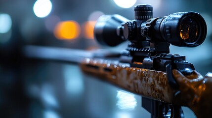 Poster - Close-up shot of a rifle on a table with some distance to the background, ready for use