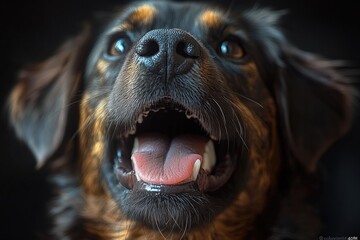 Poster - A close-up photo of a dog's open mouth, great for use in pet-related contexts such as advertisements or social media posts