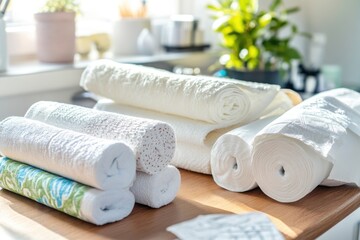 Poster - A pile of clean white towels stacked on a table, perfect for hospitality or spa settings