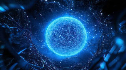 Aufkleber - Glowing blue sphere with energy lines, abstract digital art.