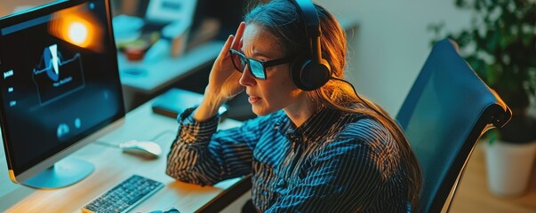 Poster - A focused individual wearing headphones works intently at a computer in a dimly lit workspace.