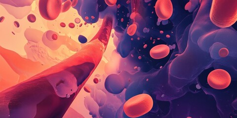 Poster - Abstract representation of blood flow with red and blue blood cells, vibrant colors, dynamic movement, and organic shapes