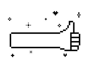 Fototapete - Thumb finger up sign in pixel art. Ok symbol icon. Long pixel arm. Y2k retro like sticker. Simple geometric object. 8 bit like hand gesture icon. Game abstract element. White background. Mood of 90s