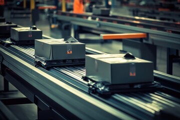 Poster - A busy factory conveyor belt carrying various boxes and packages